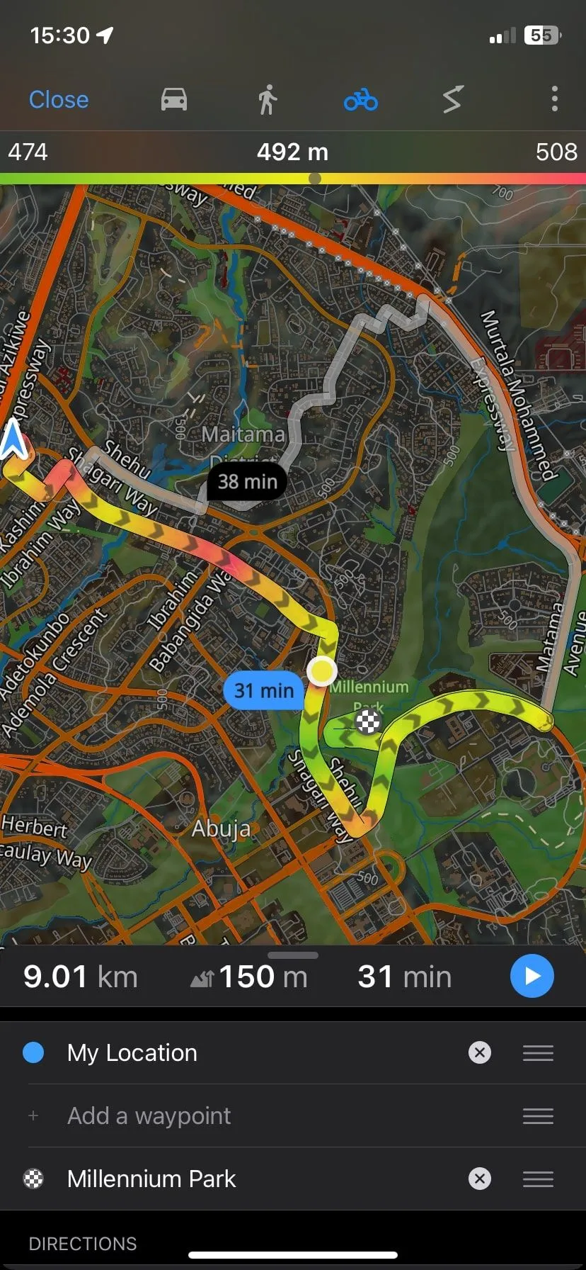Guru Maps hiển thị lộ trình chi tiết cho người đi xe đạp với các điểm đánh dấu