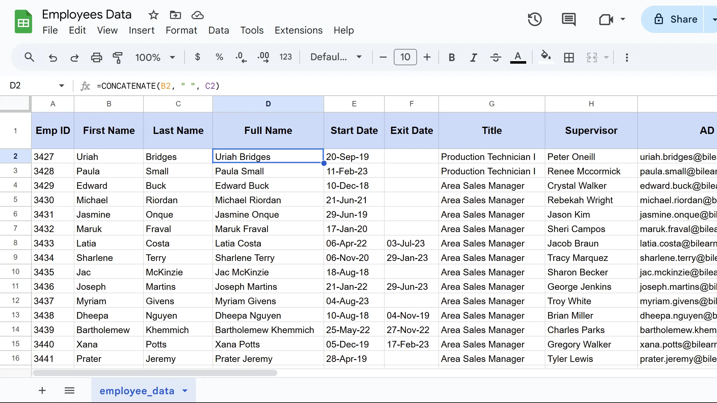 Hàm CONCATENATE trong Google Sheets nối chuỗi văn bản từ nhiều ô
