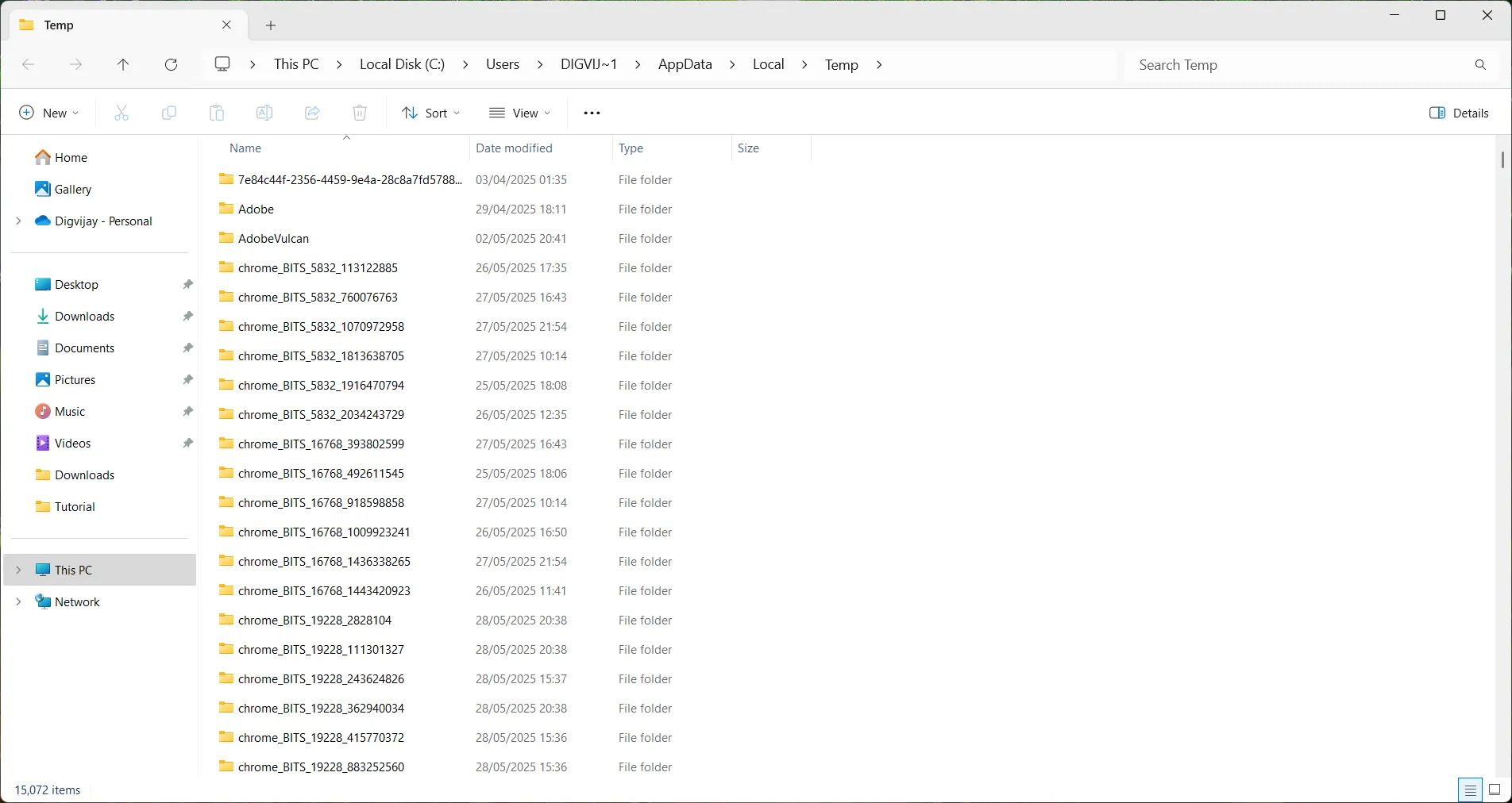 Hiển thị thư mục tạm thời của hệ thống Windows trong File Explorer.