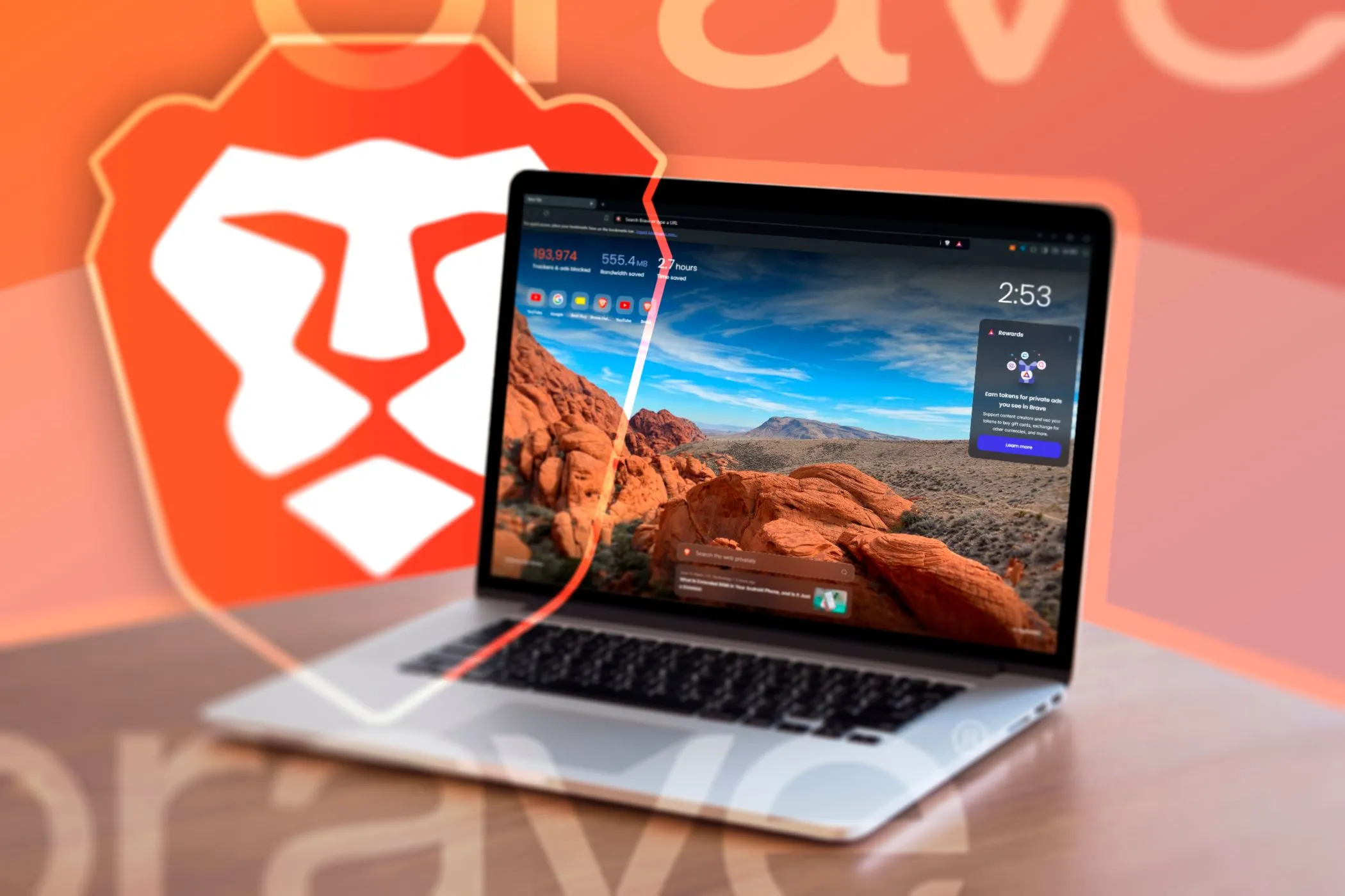 Hình ảnh laptop đang mở trình duyệt Brave với logo Brave ở nền