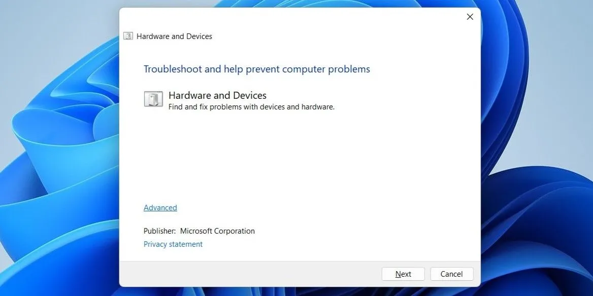 Hộp thoại khắc phục sự cố phần cứng và thiết bị trên Windows
