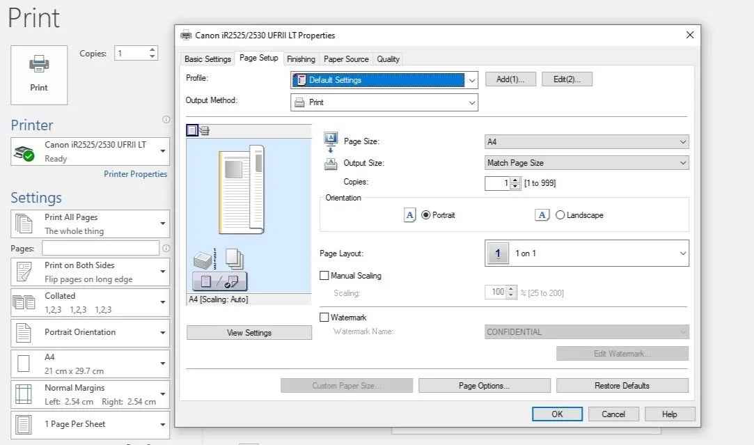 Hộp thoại thuộc tính máy in trong Microsoft Word với tùy chỉnh tỷ lệ in