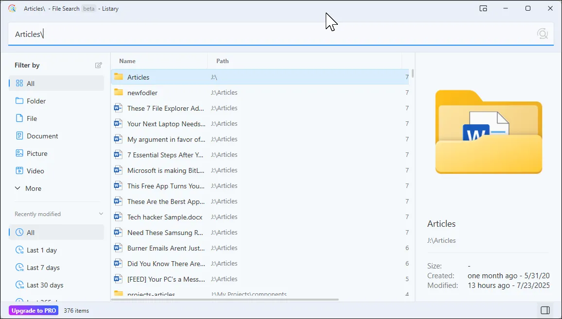 Hộp thoại tìm kiếm file của Listary hiển thị kết quả và chi tiết tệp