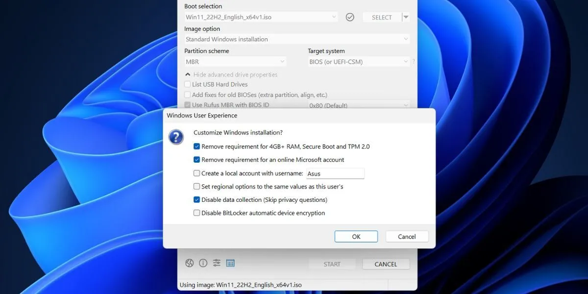 Hộp thoại tùy chỉnh trải nghiệm người dùng Windows trong Rufus, cho phép bỏ qua yêu cầu phần cứng và tài khoản Microsoft