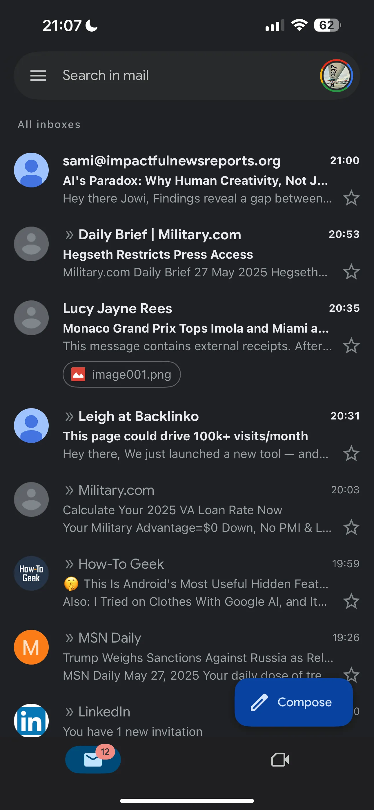 Hộp thư đến được tách biệt rõ ràng trên ứng dụng Gmail của Google.