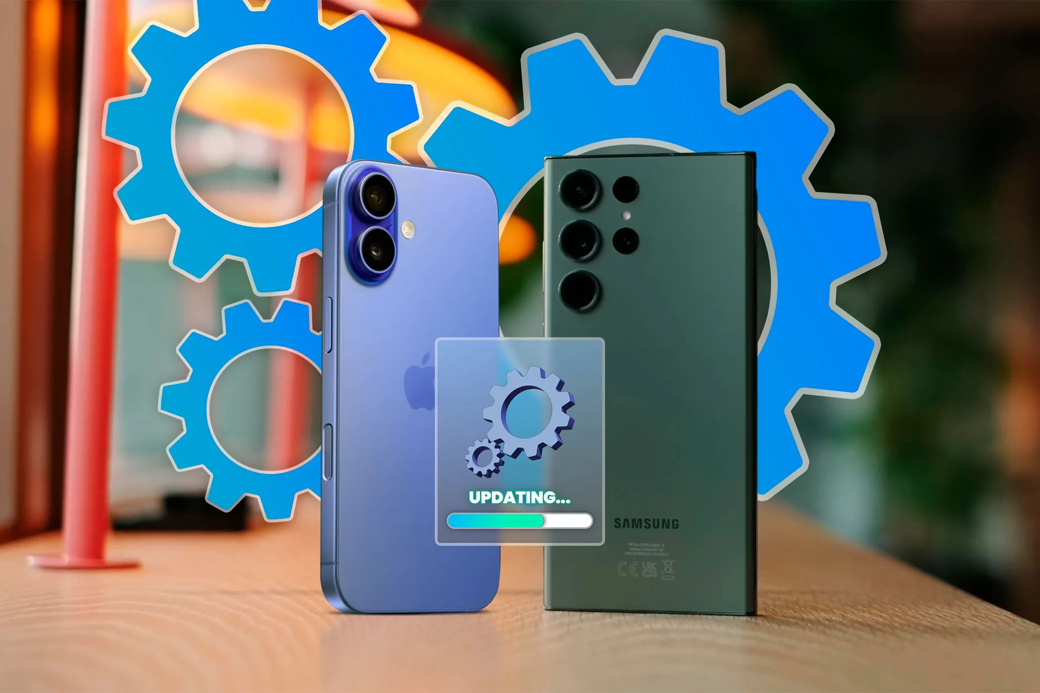 iPhone và Samsung Galaxy cùng biểu tượng cập nhật phần mềm, nhấn mạnh tầm quan trọng của việc cập nhật hệ điều hành để tối ưu hiệu suất và tuổi thọ pin.
