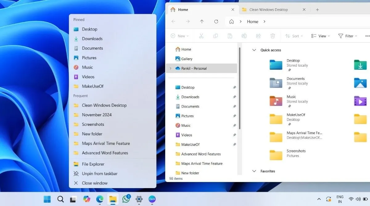 Jump List của Taskbar và File Explorer đang mở trên màn hình Windows
