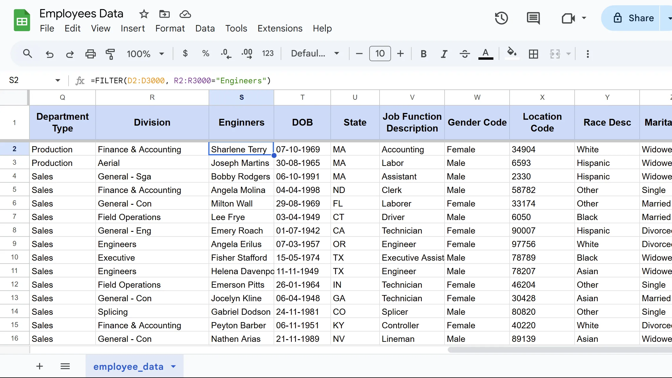 Kết quả lọc dữ liệu với hàm FILTER trong Google Sheets