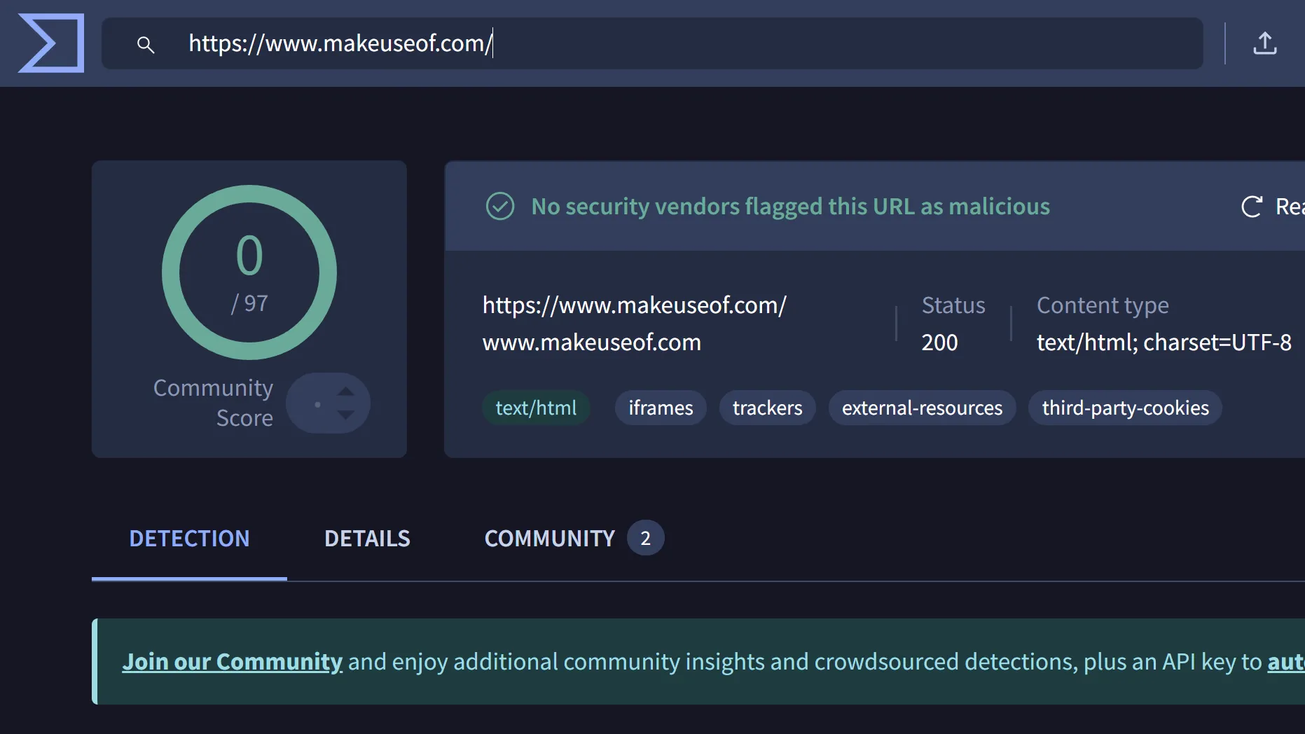 Kết quả quét URL trên VirusTotal xác nhận không phát hiện virus, minh họa cách kiểm tra mức độ an toàn của một trang web.