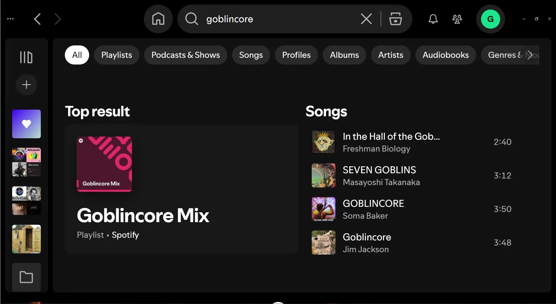 Kết quả tìm kiếm 'goblincore mix' trên Spotify, minh họa sự thiếu sót của tính năng tìm kiếm nâng cao.