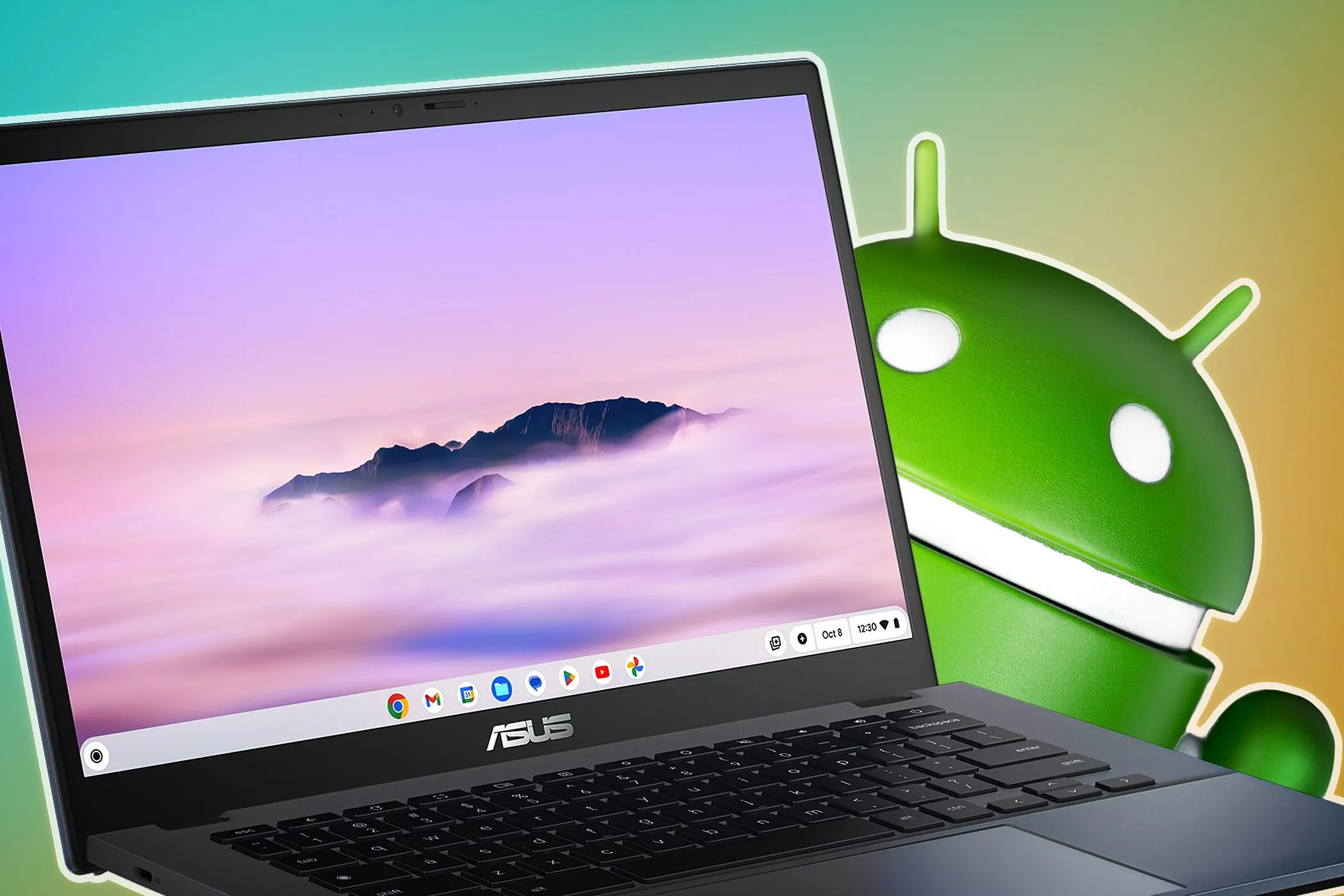 Laptop ASUS Chromebook hiển thị logo Android, biểu tượng cho khả năng chạy ứng dụng Android và Linux