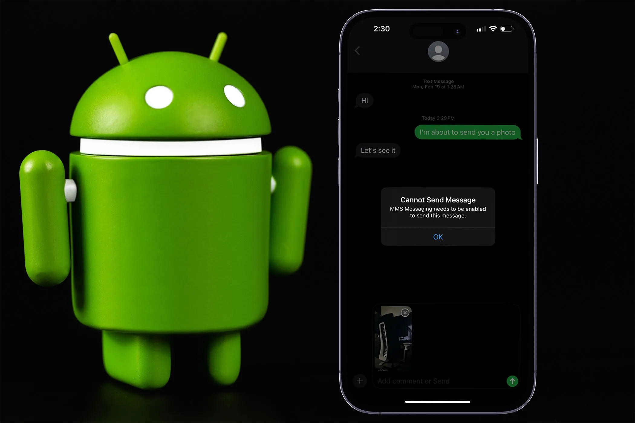 Lỗi không thể gửi tin nhắn trên iPhone với biểu tượng Android, minh họa vấn đề tương thích iMessage