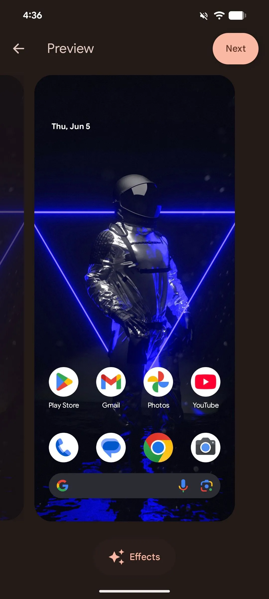 Lựa chọn &quot;Hiệu ứng&quot; ở cuối màn hình xem trước hình nền trên Android 16