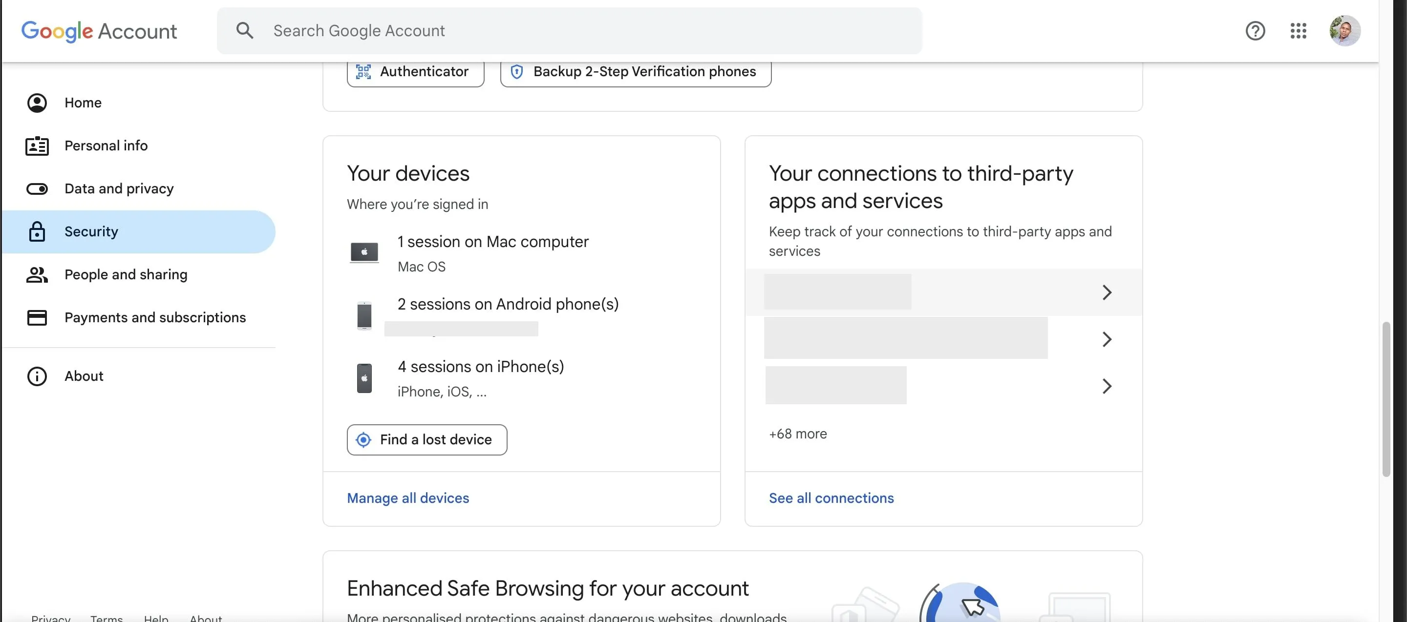 Màn hình bảo mật tài khoản Google hiển thị danh sách các thiết bị đã đăng nhập gần đây
