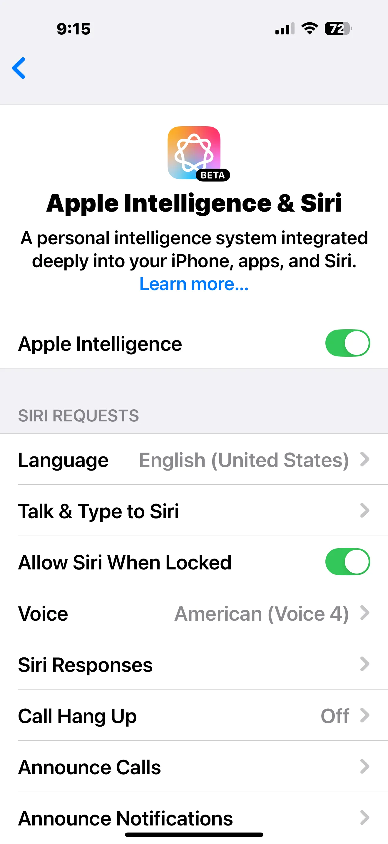 Màn hình cài đặt Apple Intelligence và Siri trên iPhone, hiển thị tùy chọn tắt các tính năng AI