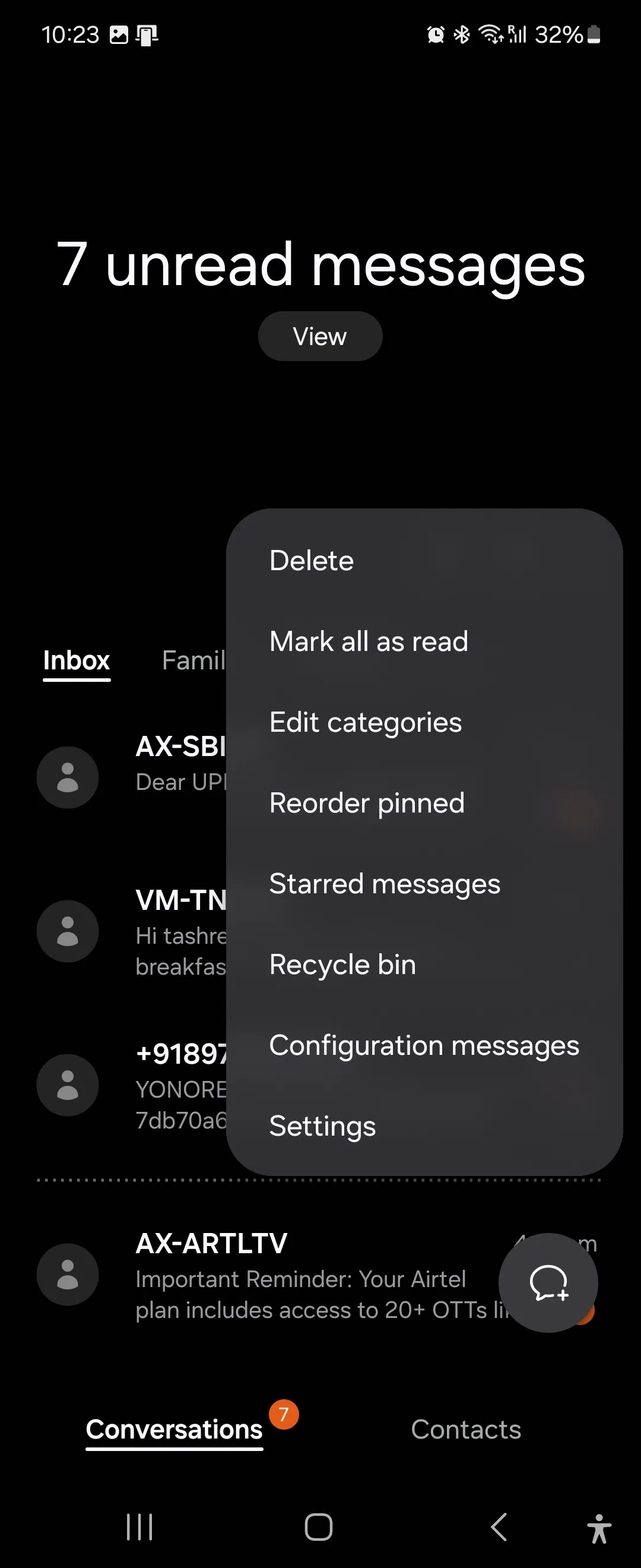 Màn hình cài đặt bổ sung của ứng dụng Tin nhắn Samsung, cho phép người dùng tùy chỉnh các tùy chọn