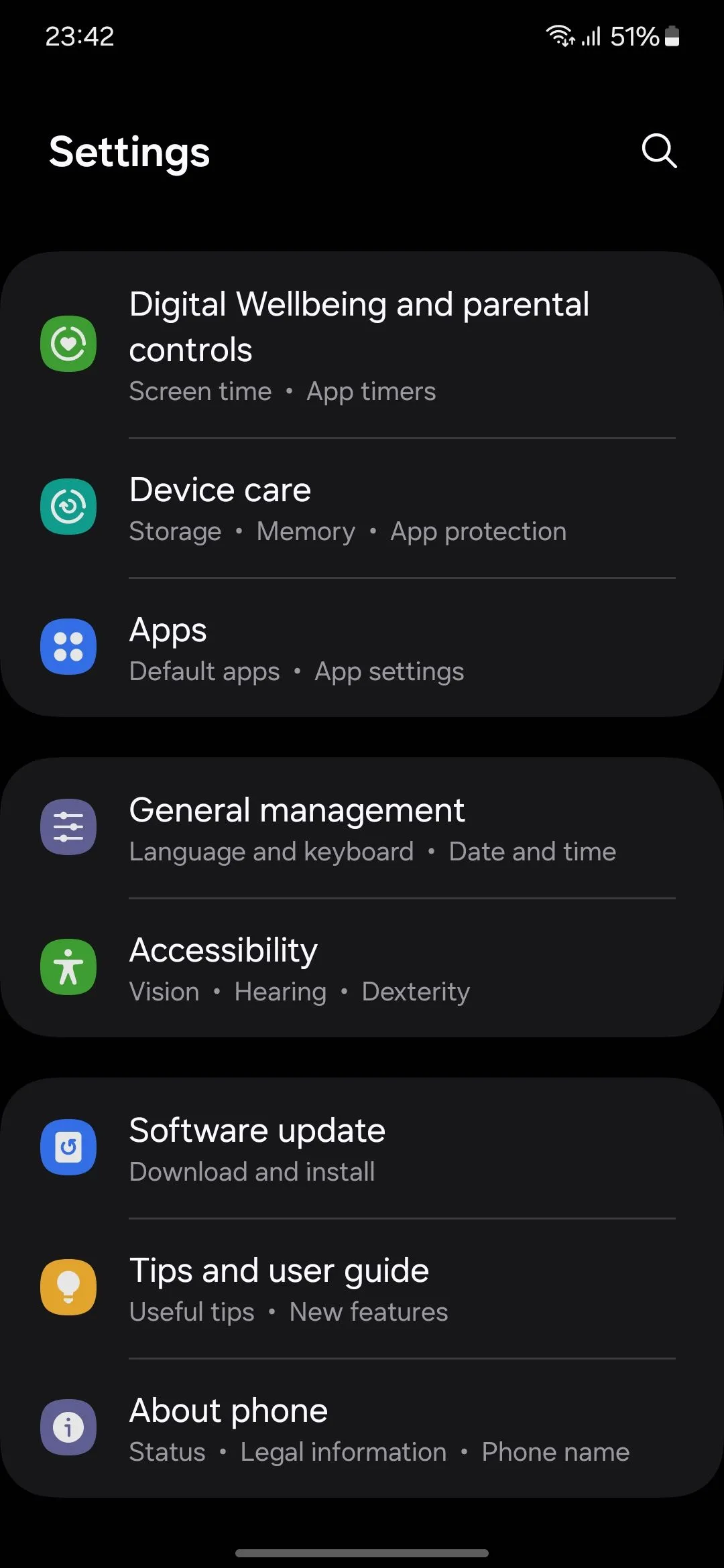 Màn hình cài đặt điện thoại Samsung Galaxy