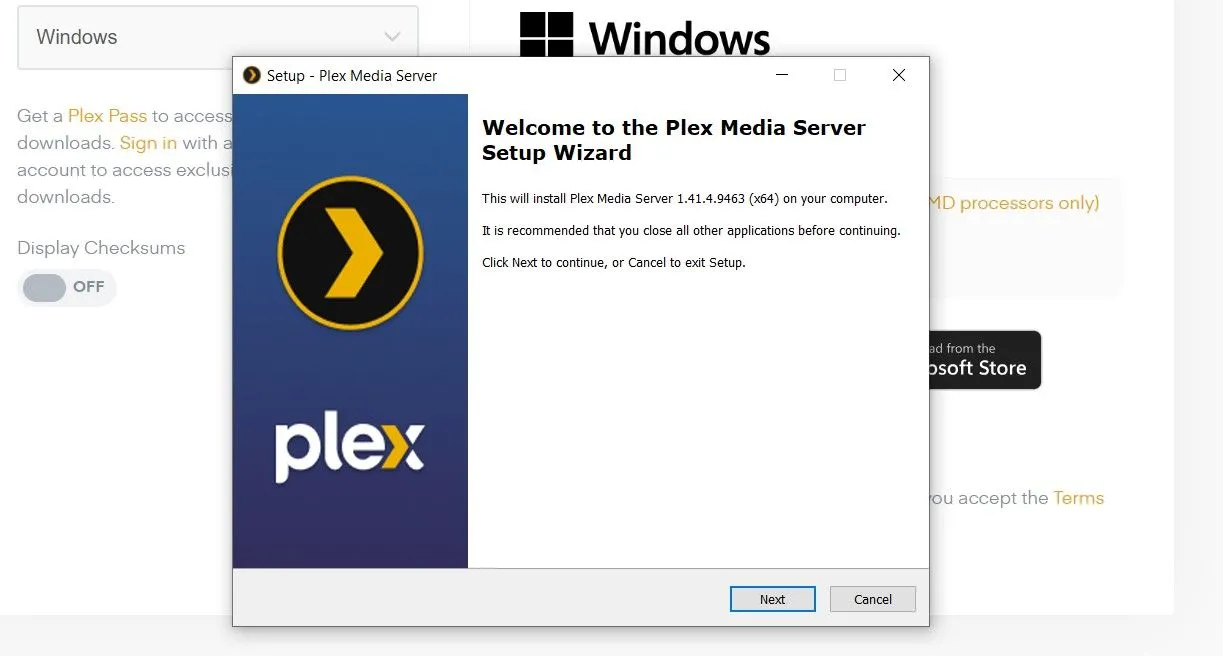 Màn hình cài đặt Plex trên Windows, hiển thị tiến trình và tùy chọn.
