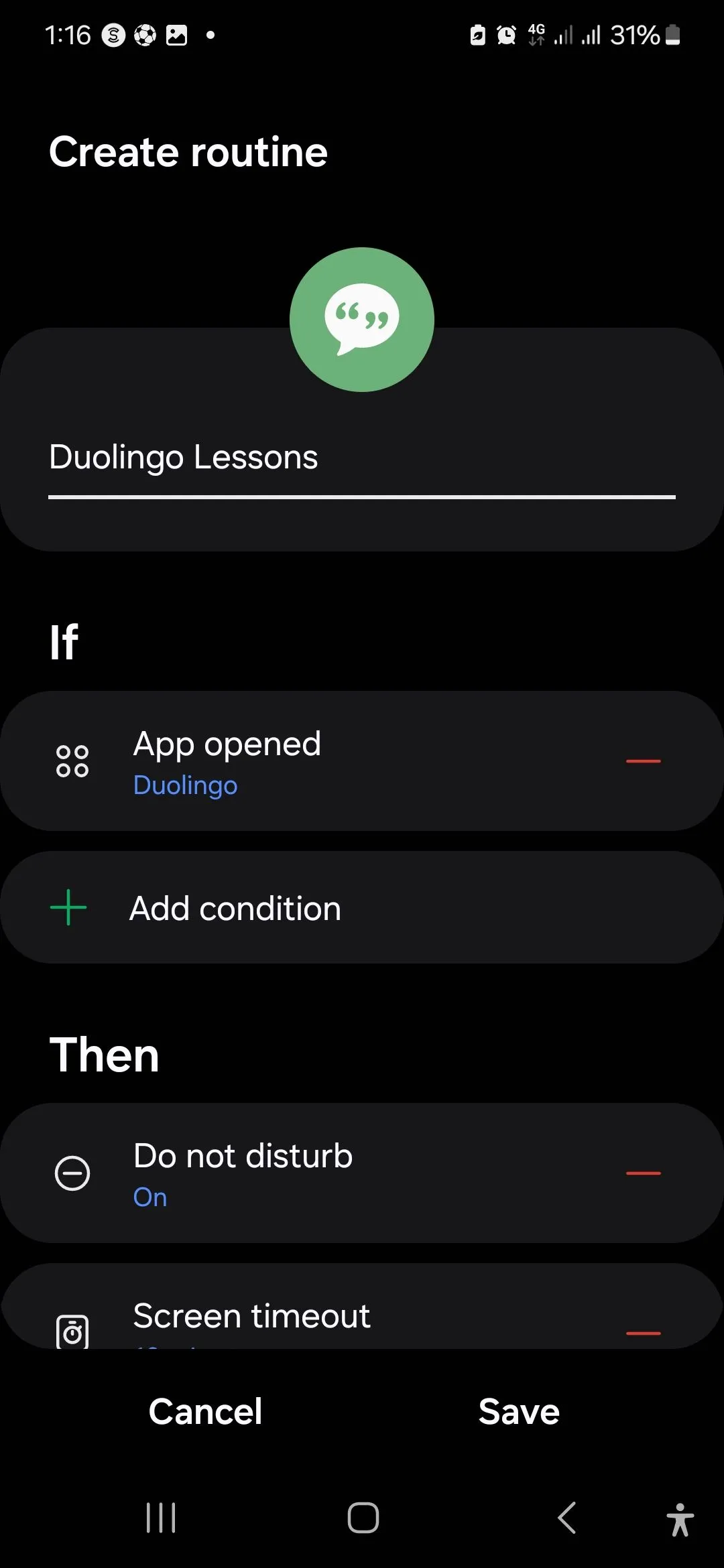 Màn hình cài đặt Quy trình Học Duolingo trên thiết bị Samsung