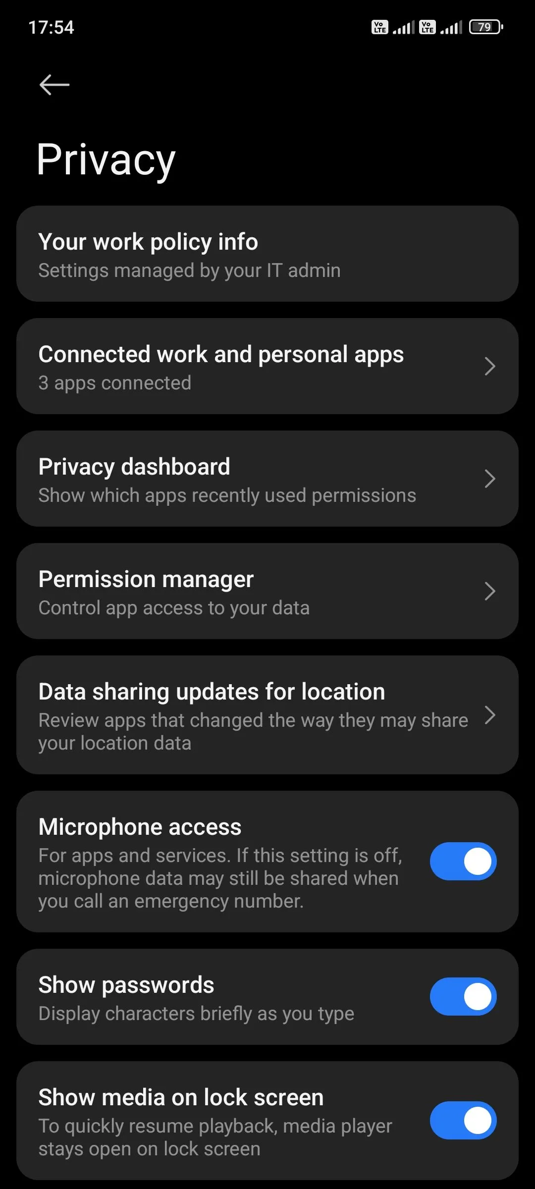 Màn hình cài đặt quyền riêng tư trên Android, hiển thị tùy chọn &quot;Trình quản lý quyền&quot;