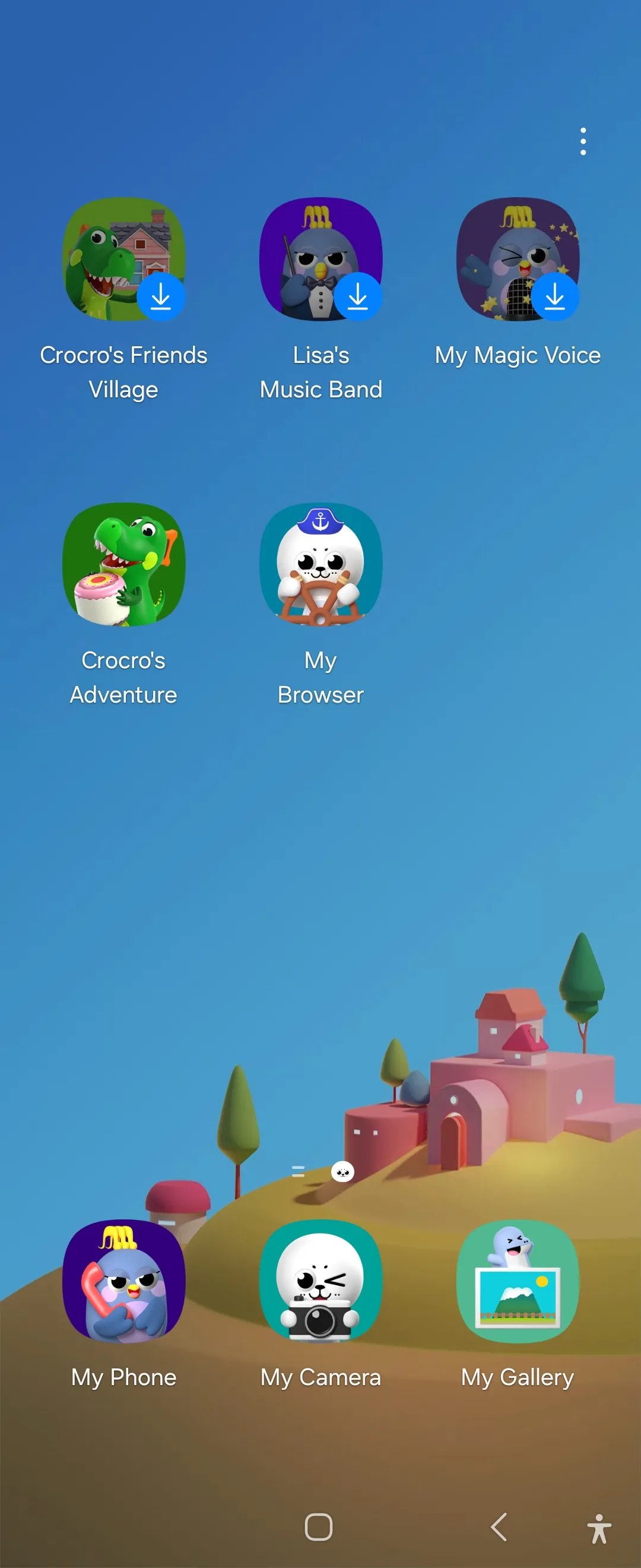 Màn hình chính của chế độ Samsung Kids trên điện thoại Galaxy Flip 6, hiển thị giao diện thân thiện với trẻ em