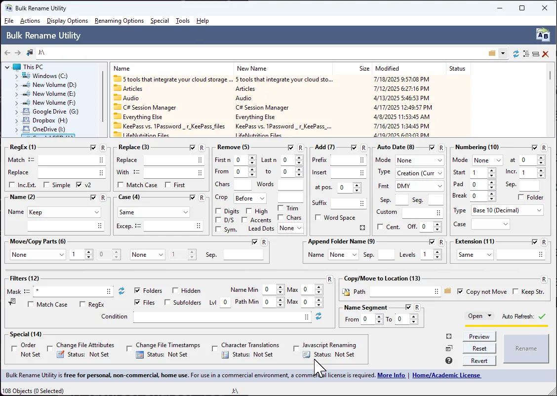 Màn hình chính của phần mềm Bulk Rename Utility hiển thị tùy chọn đổi tên file hàng loạt