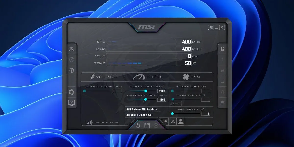 Màn hình chính của phần mềm ép xung MSI Afterburner trên Windows 11