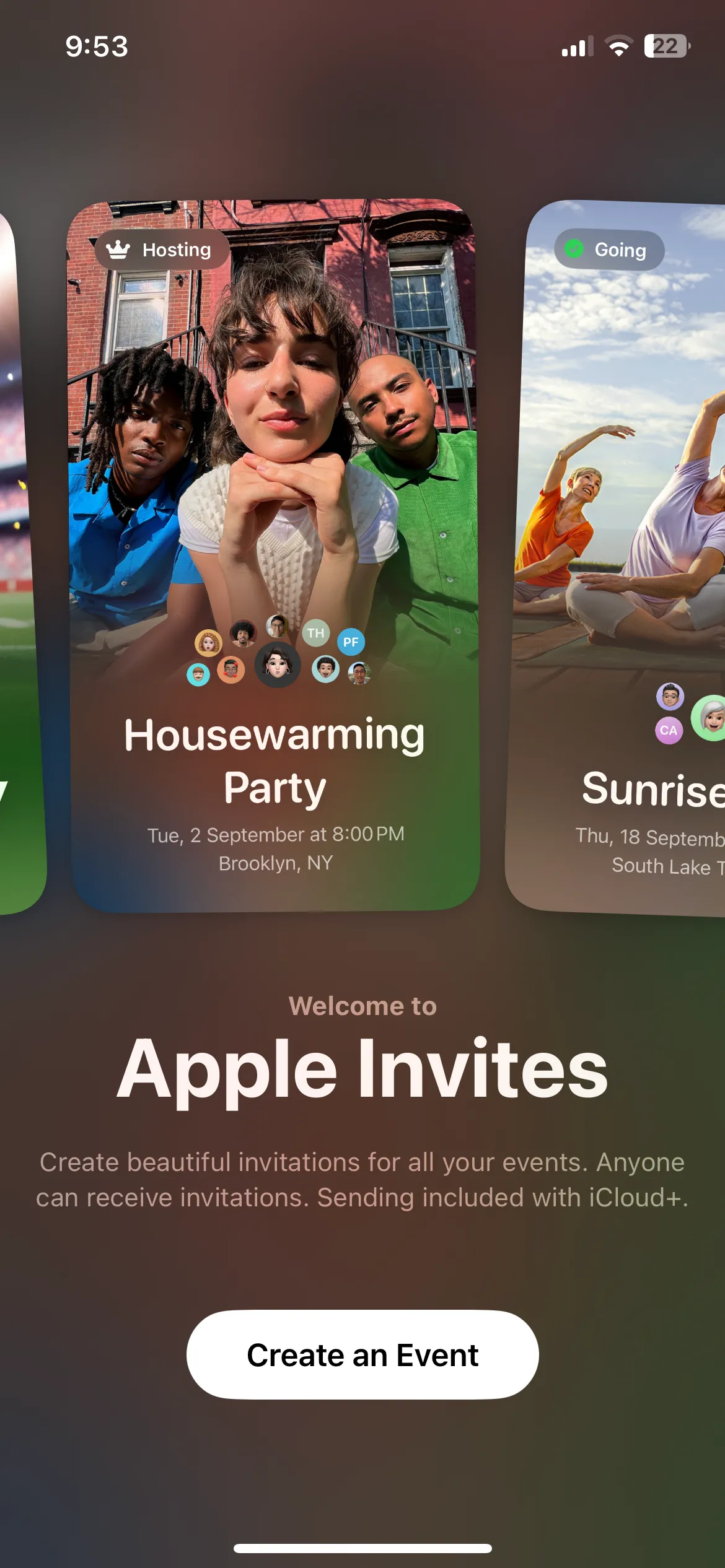 Màn hình chính của ứng dụng Apple Invites trên iPhone, hiển thị các lời mời đã tạo.