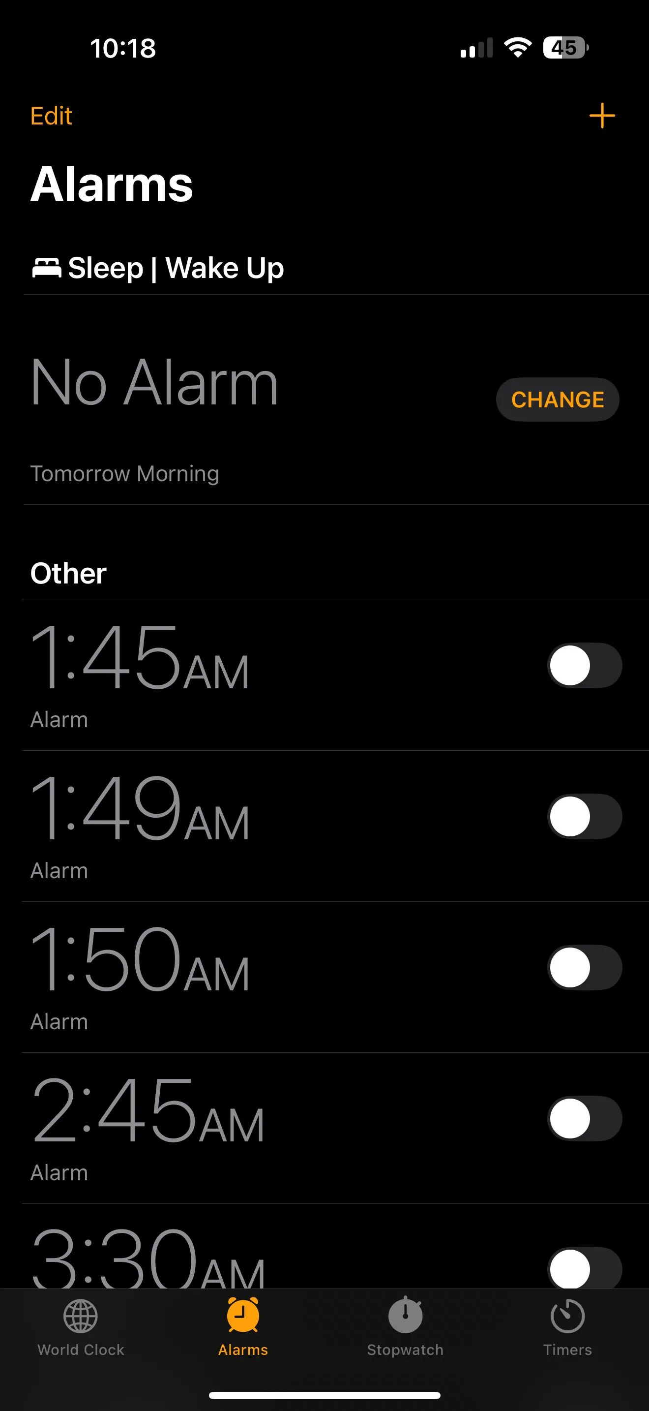 Màn hình chính của ứng dụng Đồng hồ trên iPhone.