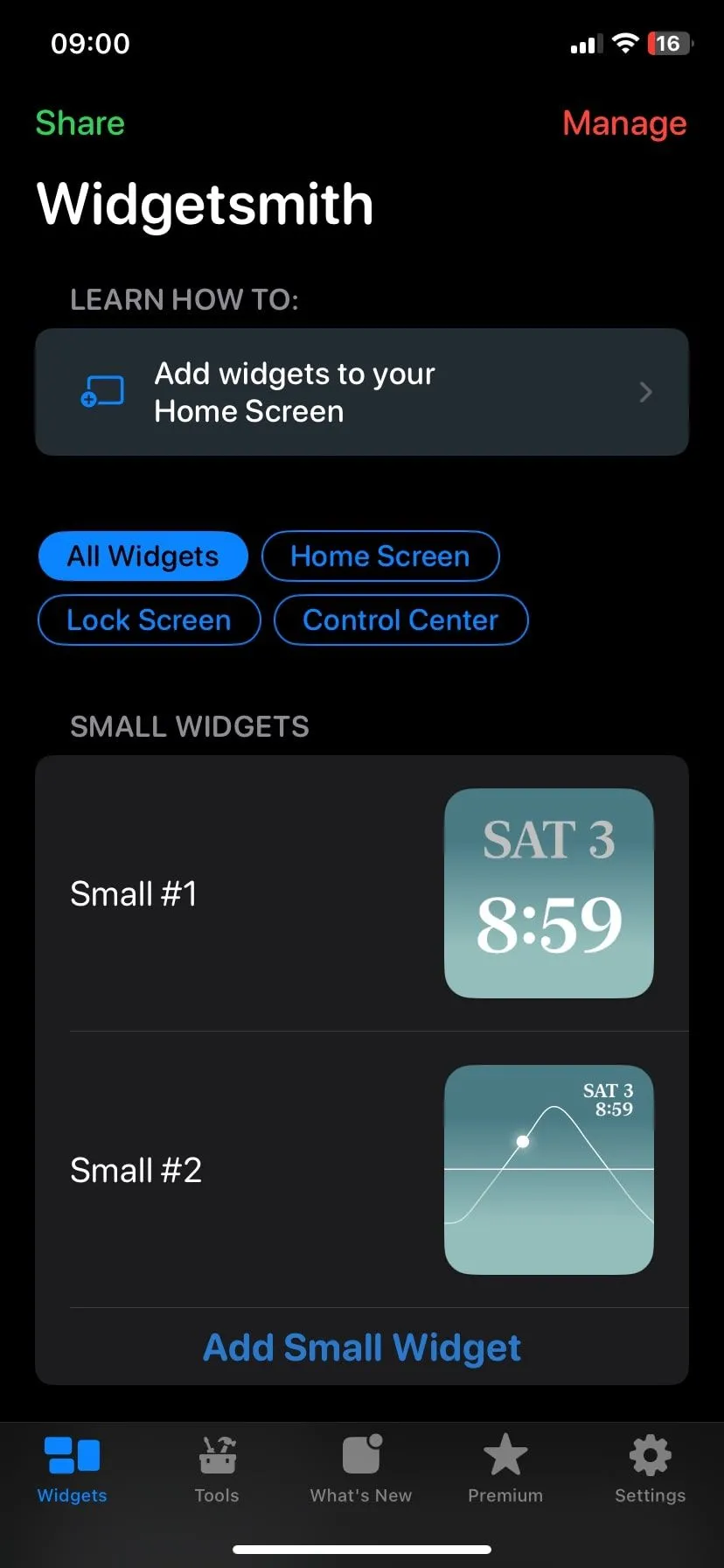 Màn hình chính ứng dụng Widgetsmith với các tùy chọn tạo và chỉnh sửa widget cho iPhone