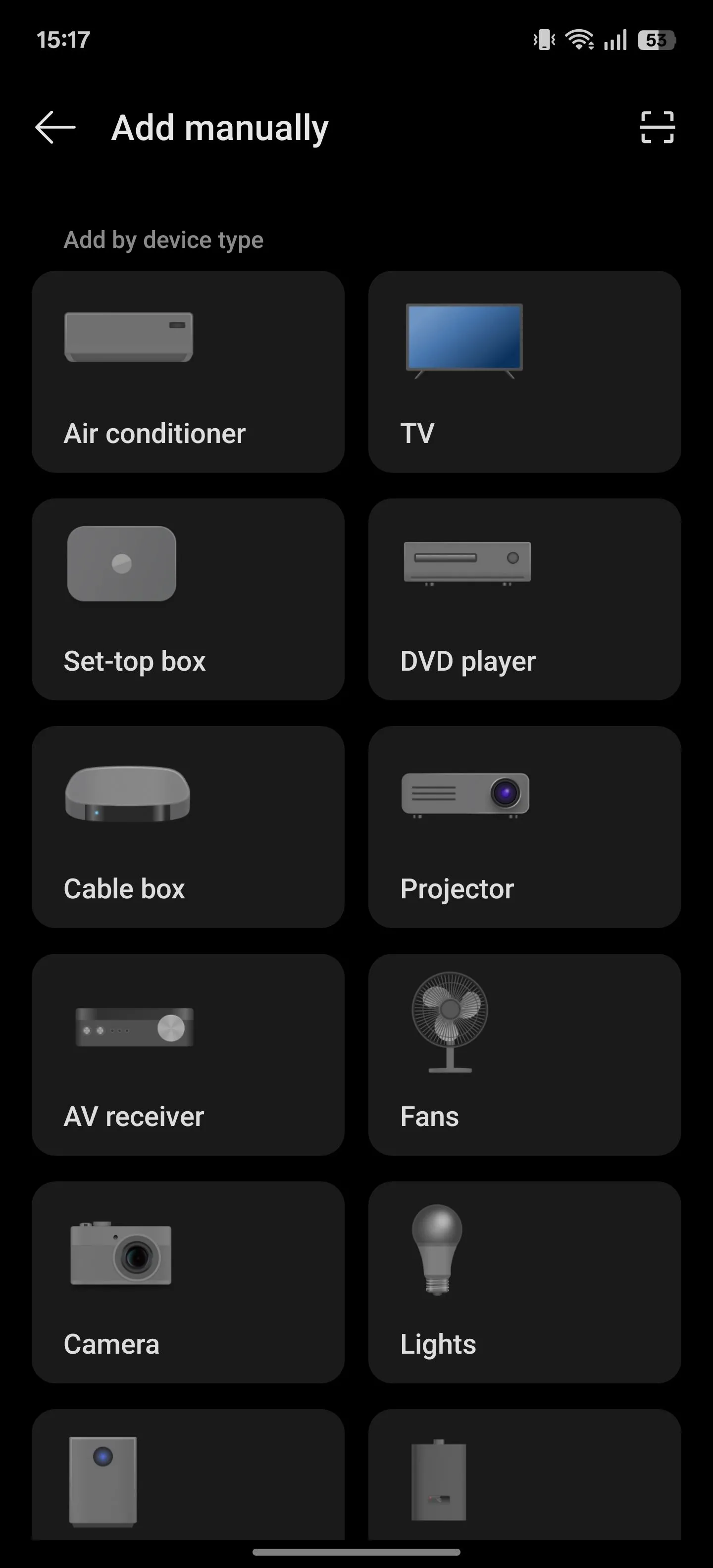 Màn hình chọn thiết bị trong ứng dụng IR Remote trên OnePlus
