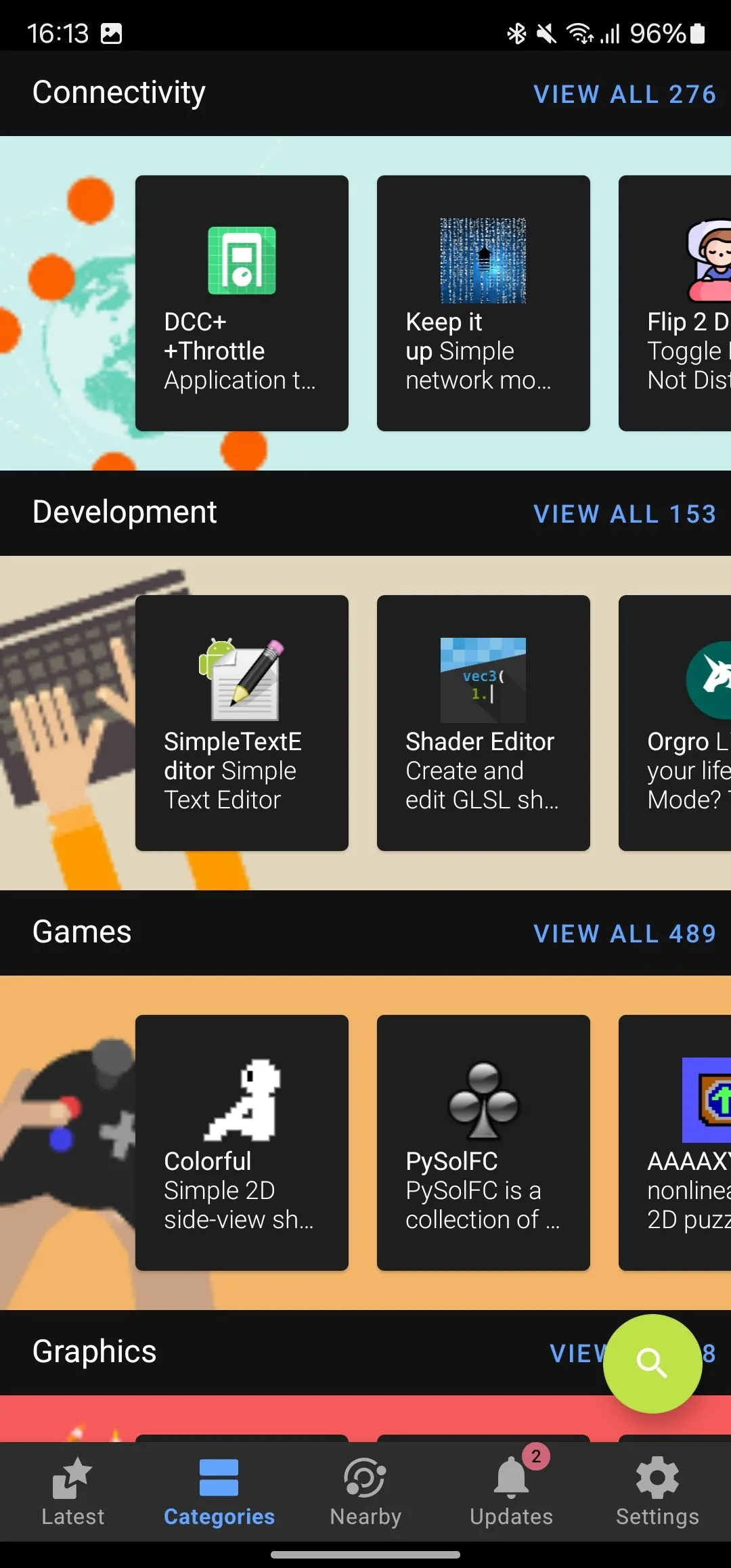 Màn hình danh mục của ứng dụng F-Droid.