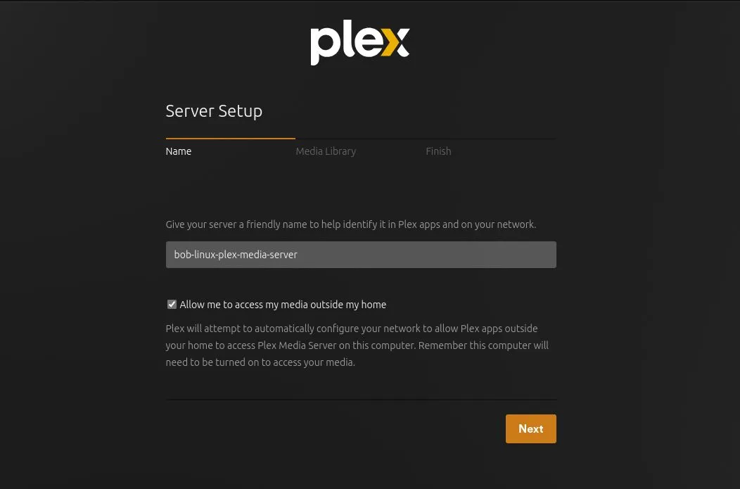 Màn hình đặt tên máy chủ Linux Plex, minh họa tên server cụ thể.
