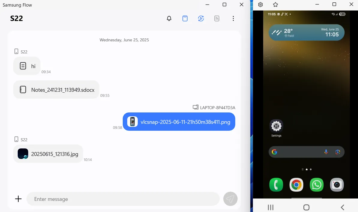 Màn hình điện thoại Samsung Galaxy được phản chiếu lên máy tính Windows thông qua tính năng Smart View của Samsung Flow
