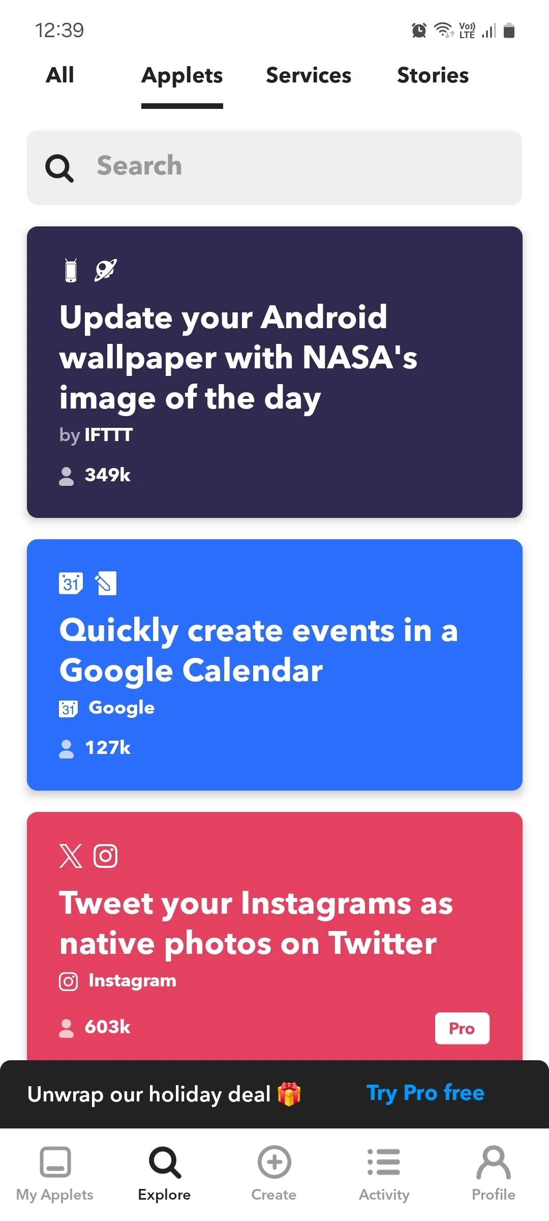 Màn hình gợi ý các Applet tự động hóa trong ứng dụng IFTTT, cho phép người dùng tùy chỉnh các quy trình thông minh trên điện thoại Android