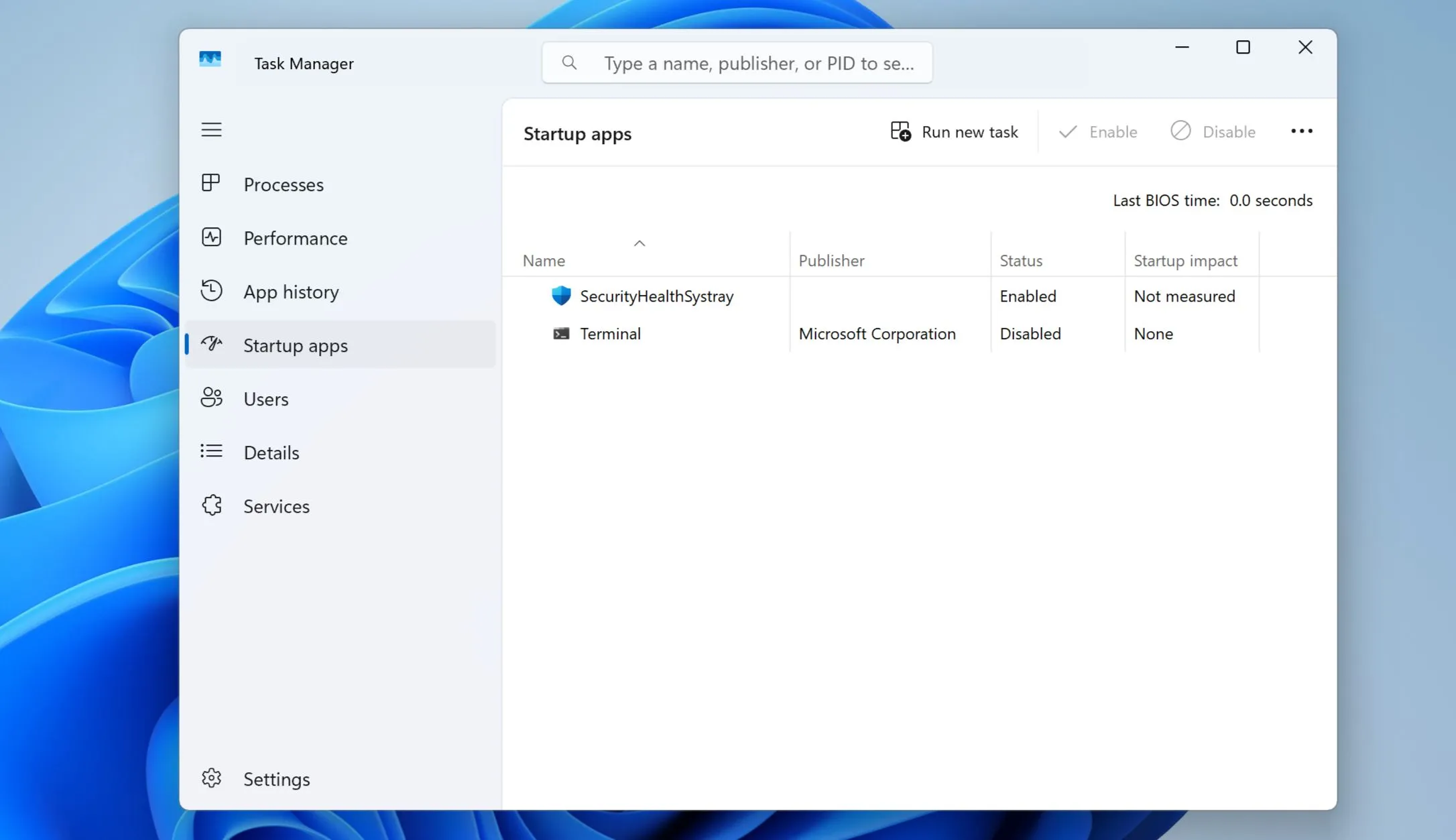 Màn hình hiển thị danh sách các ứng dụng khởi động cùng hệ thống trong Task Manager của Windows 11