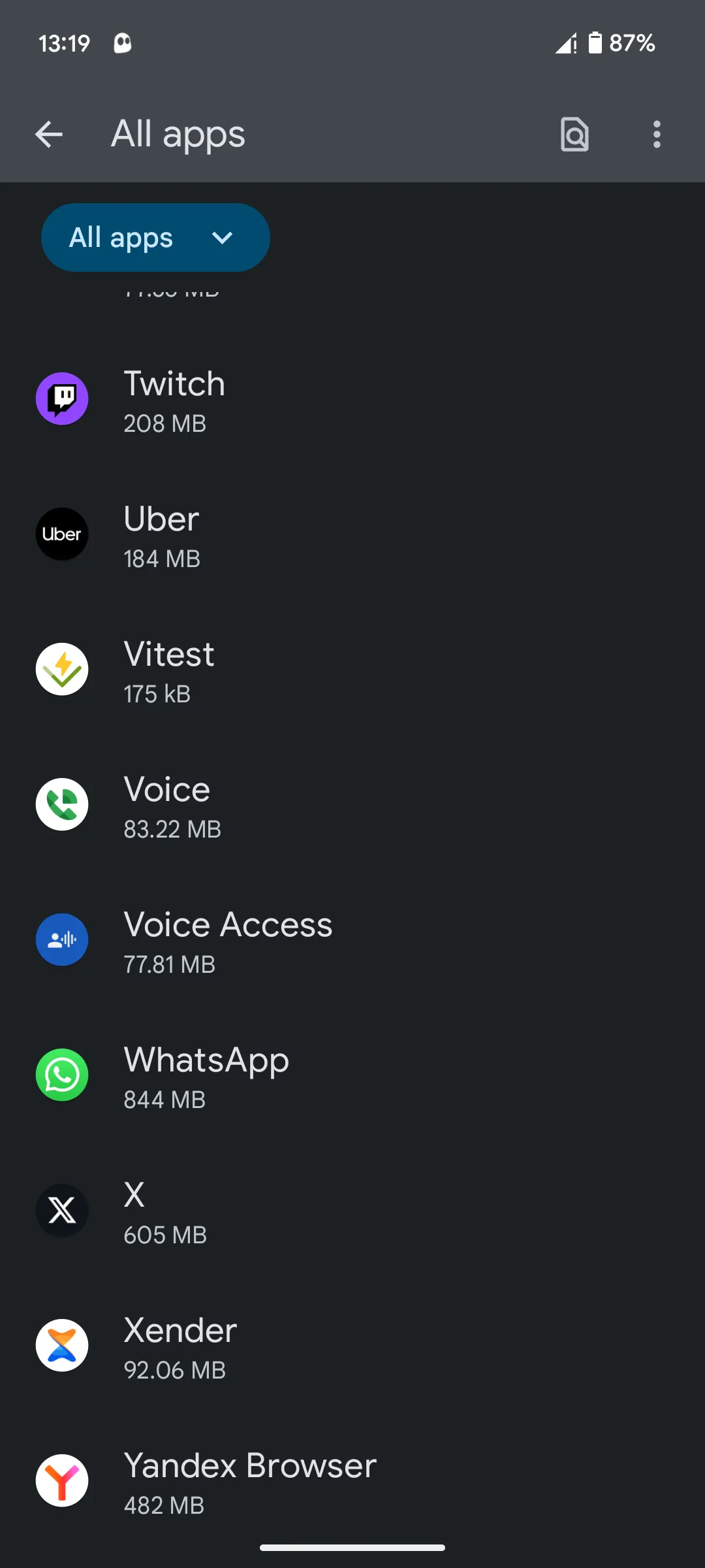 Màn hình hiển thị danh sách tất cả ứng dụng đã cài đặt trên điện thoại Android