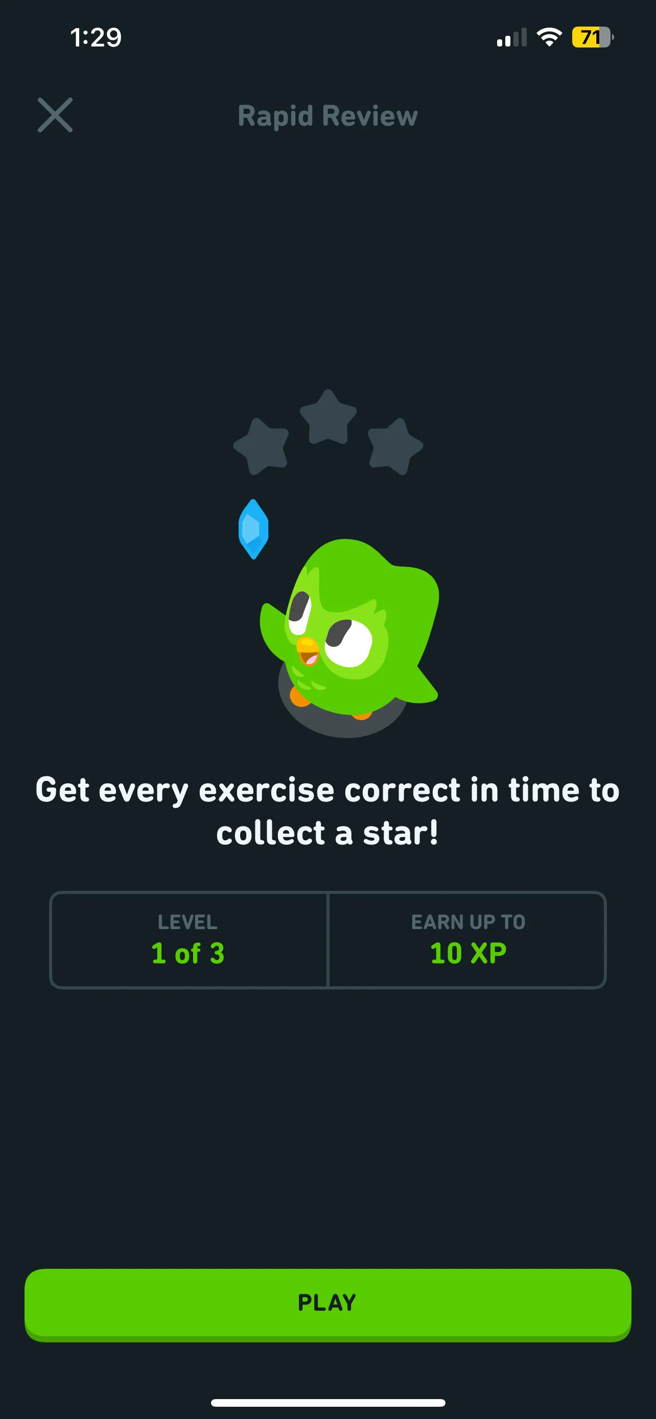 Màn hình phiên Ôn Tập Nhanh 1/3 trên ứng dụng Duolingo.