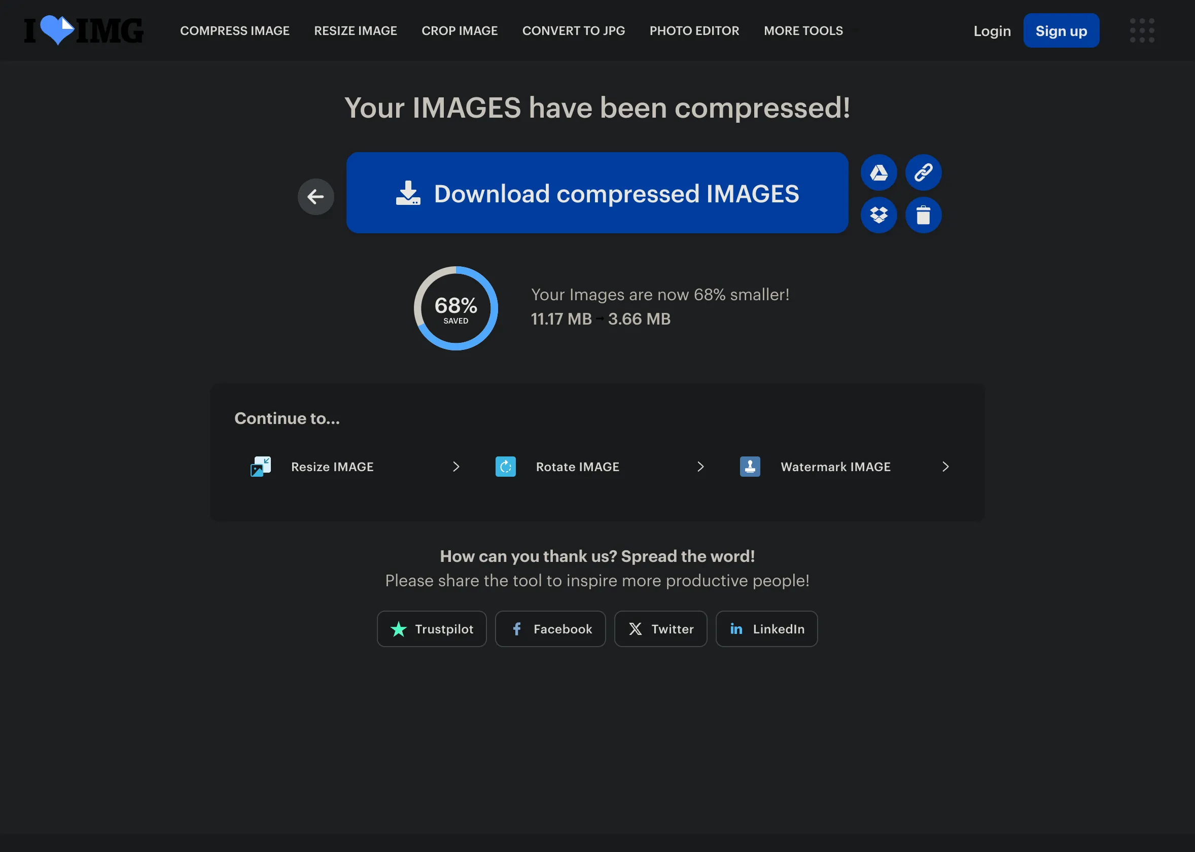 Màn hình tải xuống ảnh đã nén từ iLoveIMG, với các tùy chọn lưu vào Google Drive hoặc Dropbox tiện lợi.