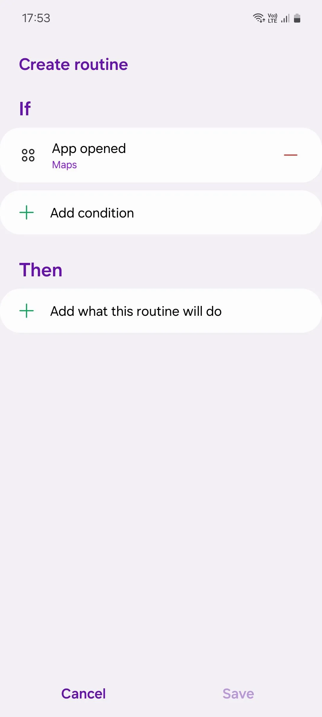 Màn hình thiết lập hành động cho Quy trình tự động trong Modes and Routines trên Samsung