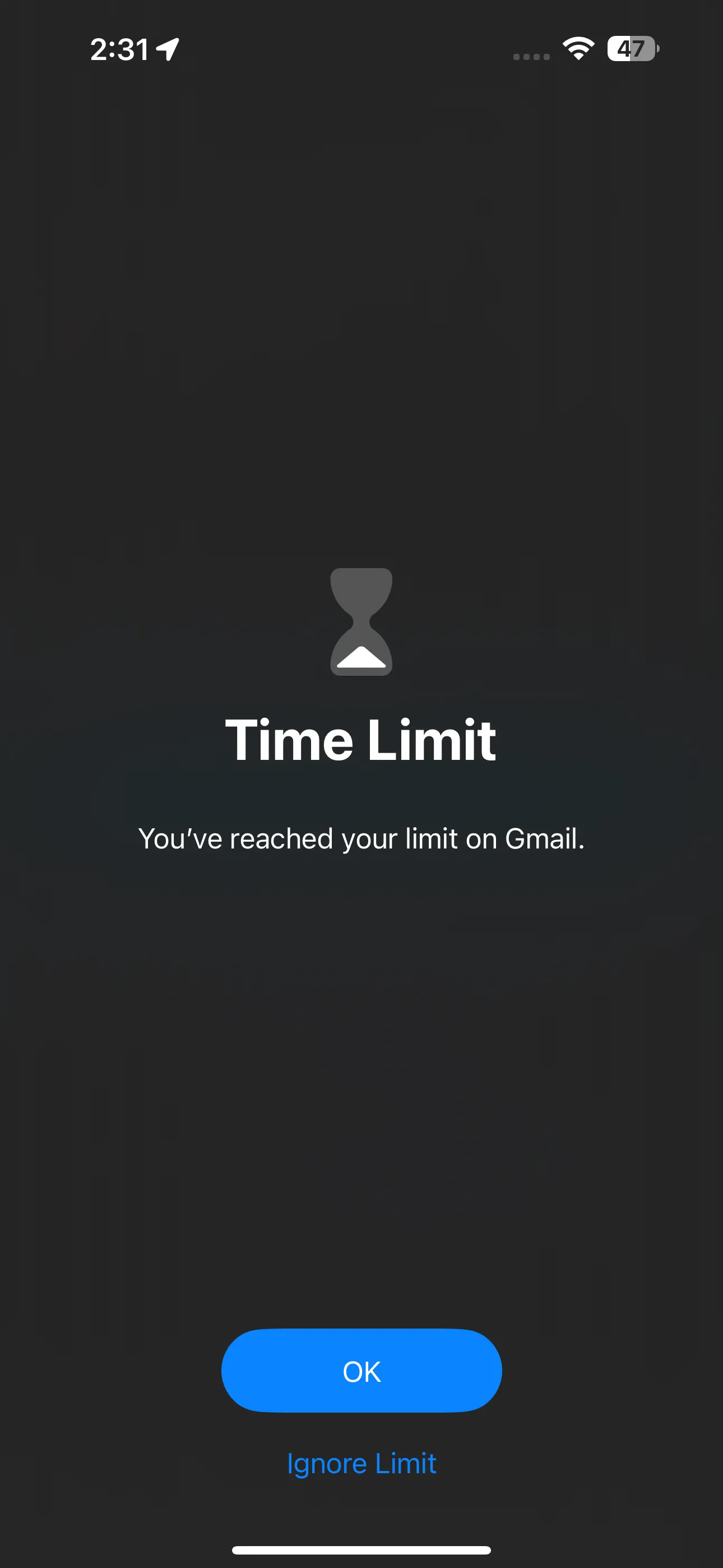 Màn hình thông báo &quot;Bạn đã đạt giới hạn trên Gmail&quot; hiển thị khi vượt quá thời gian sử dụng ứng dụng trên iPhone.