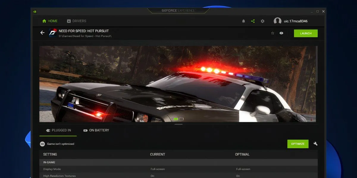 Màn hình tối ưu hóa game trong ứng dụng NVIDIA GeForce Experience trên Windows 11