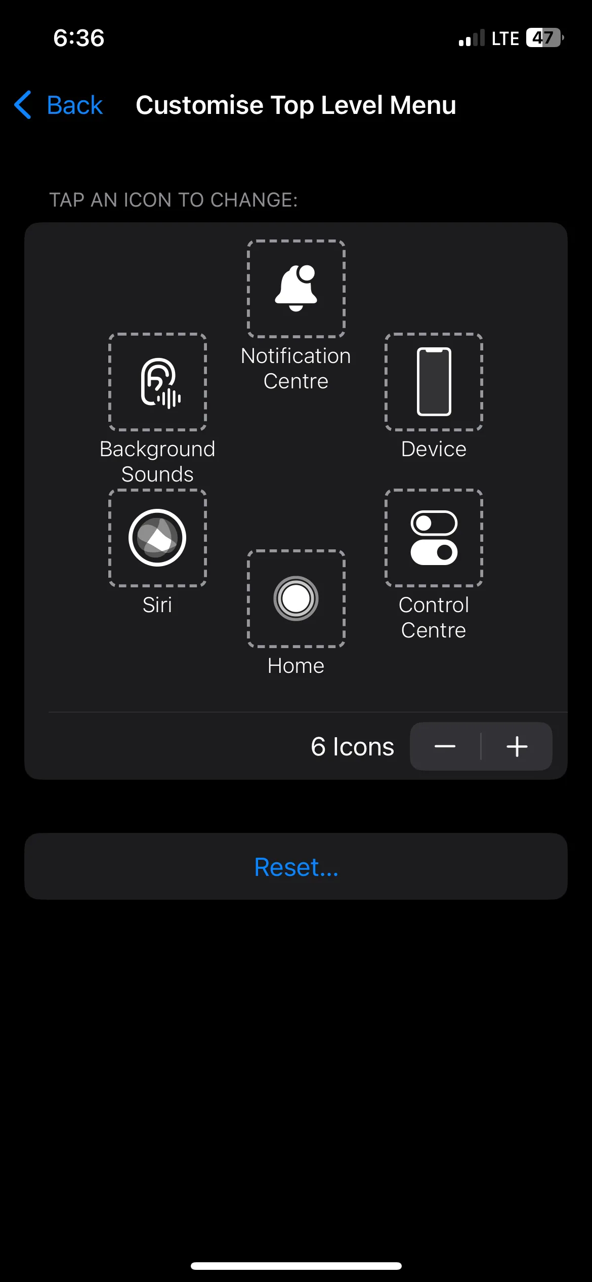 Màn hình tùy chỉnh menu AssistiveTouch trên iPhone