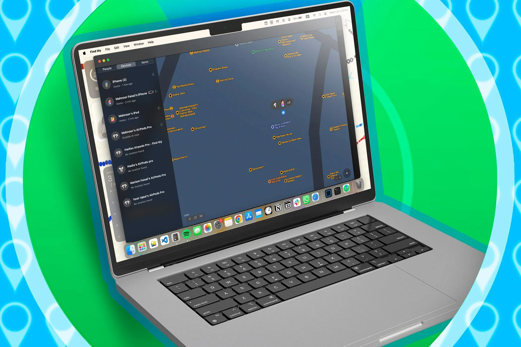 Màn hình ứng dụng Find My (Tìm của tôi) trên MacBook hiển thị vị trí thiết bị đã mất, giúp định vị điện thoại bị trộm.