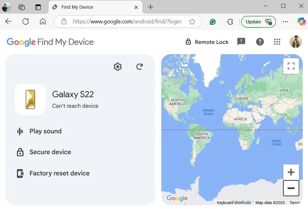 Màn hình ứng dụng Google Find My Device hiển thị thông báo lỗi không thể kết nối với thiết bị, minh họa khi điện thoại Samsung bị mất và không có internet.