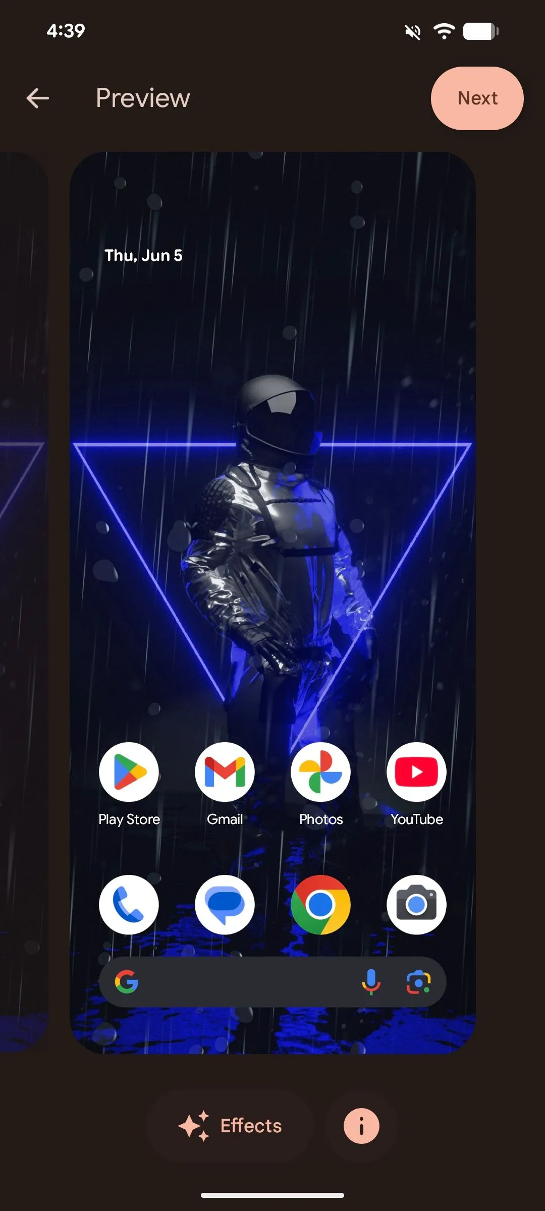 Màn hình xem trước hình nền với các hiệu ứng đã áp dụng trên Android 16