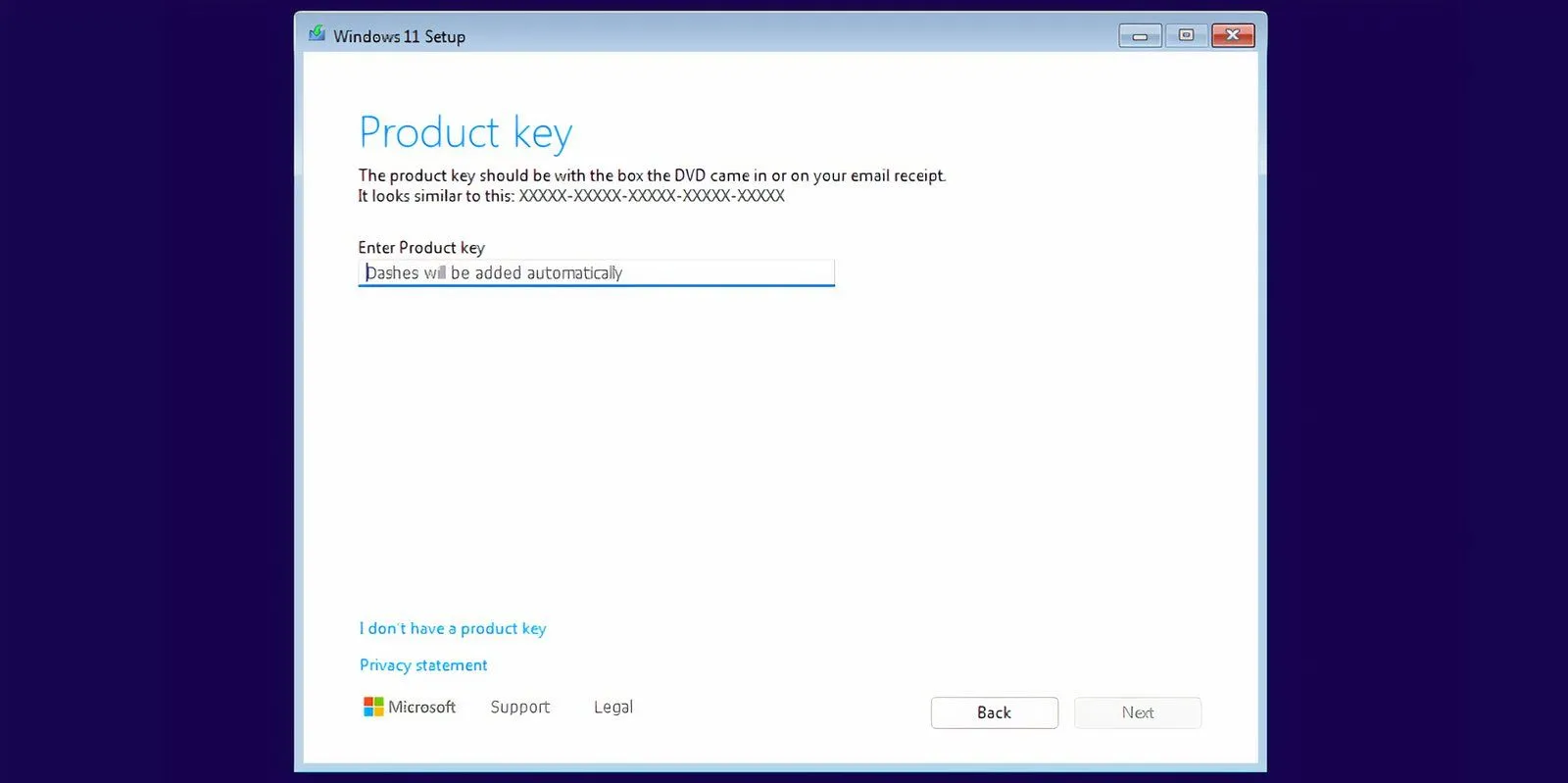 Màn hình yêu cầu khóa sản phẩm trong quá trình cài đặt Windows 11