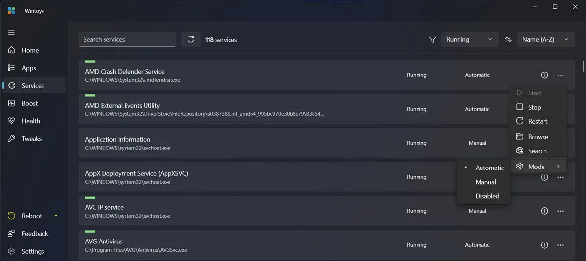 Manage Windows services with Wintoys