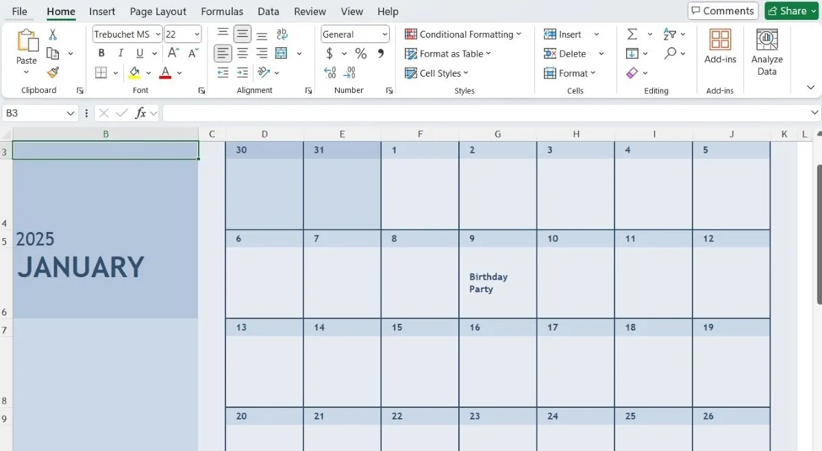 Mẫu lịch tháng Giêng được tạo và tùy chỉnh trên bảng tính Excel, minh họa khả năng sử dụng Excel như một công cụ quản lý thời gian và lập kế hoạch cá nhân linh hoạt.