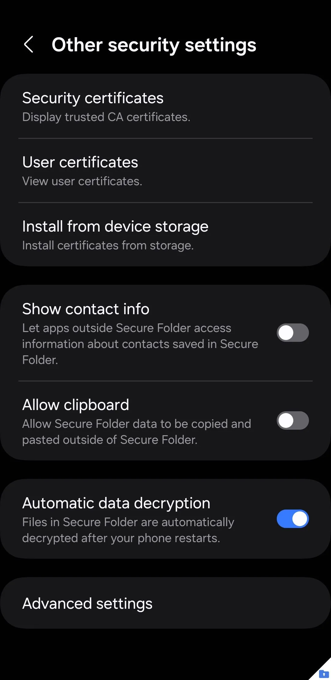 Menu cài đặt bảo mật của Thư mục Bảo mật Samsung, tùy chọn giải mã dữ liệu tự động